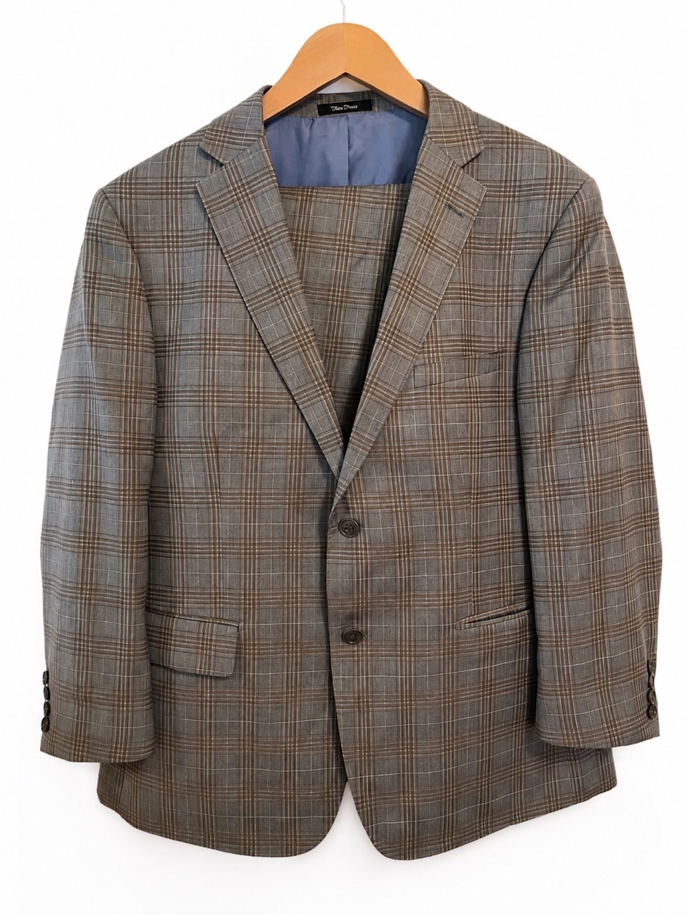 Enzo Tovare Suit Two Piece Jacket 42S Pants 36S 100% Wool Gray Brown Plaid